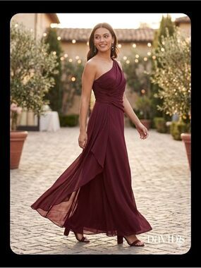 David’s Bridal F19832 One-Shoulder Georgette Cascade Dress - Wine - Size 6
